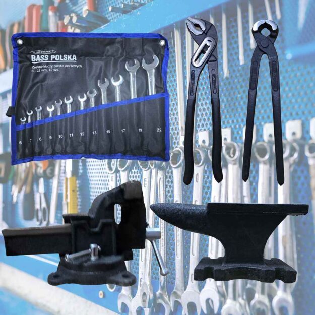 Zestaw narzędzi do garażu 16 szt.  w tym kowadło z imadłem